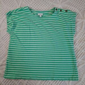 J Jill Women's Large Striped Green Short Sleeve Boat Neck Top Button‎ Shoulder
